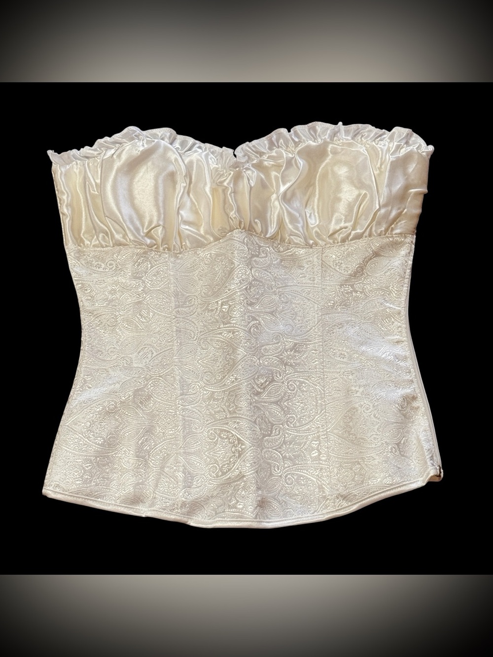 Strapless Bustier Top OffWhite Paisley Jacquard Pattern Gathered Ruffles Medium